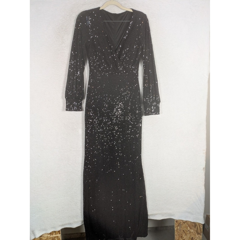 Sequin Maxi Dress Women's Size M Black Long Sleeve V-Neck Formal